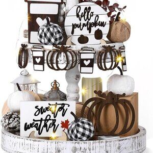 19 PCS Rustic‎ Fall Tiered Tray Decor - Autumn Pumpkins & Farmhouse Signs Set